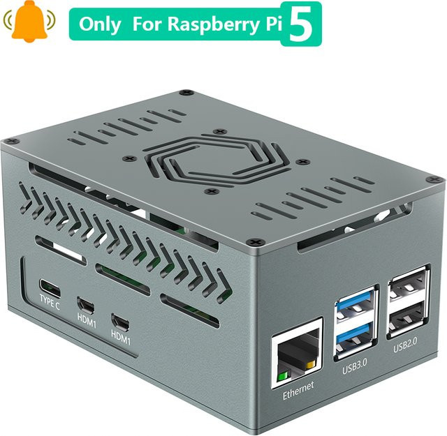T.F.SKYWINDINTL Aluminiumgehäuse für Raspberry Pi 5 mit 4010-PWM-Lüfter und Kupferkühlkörper in Silber und Grau - Bild 1