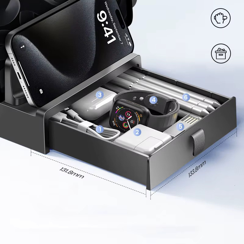 Vaydeer Vertikaler Laptop-Ständer aus Kunststoff in Grau mit zwei Steckplätzen und Schubladen für MacBook Pro und Huawei Desktop - Bild 4