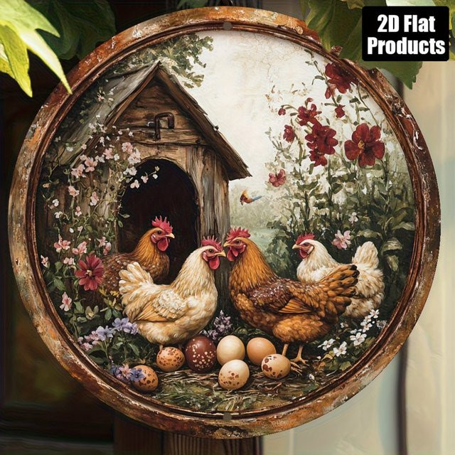 Rundes Metallschild CIFBUY Vintage Huhn und Ei, Mehrfarbig, Durchmesser: 20,3 cm - Bild 1