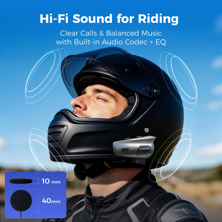 MAXRUNON 2Y Motorrad Bluetooth Intercom für 2 Fahrer, Helm-Headset mit BT5.3, Multi-Audio und FM-Radio, Schwarz - Bild 5