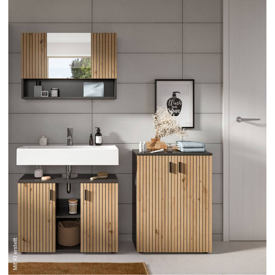 Badezimmer-Set Mone von xonox.home in Basalt Nachbildung und Artisan Oak Nachbildung, bestehend aus Waschtischunterschrank, Spiegelschrank und Wandschrank, B/H/T: 155 x 180 x 30 cm - Bild 2