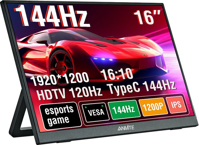 Anmite Tragbarer Monitor 16 Zoll mit 144Hz, 1920x1200 Auflösung und 300Cd/m² Helligkeit in Schwarz - Bild 1