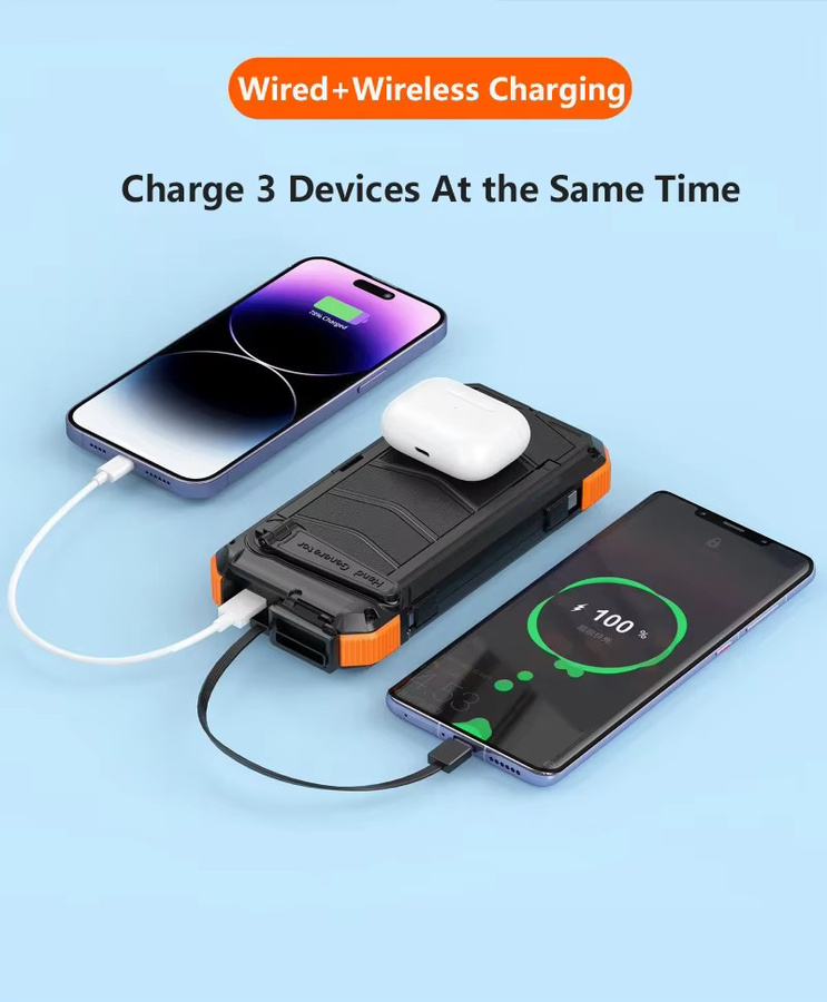 Solar-Powerbank 20000 mAh mit Handkurbel und faltbarem Solarpanel, kabelloses Ladegerät inklusive Kabel in Schwarz - Bild 5