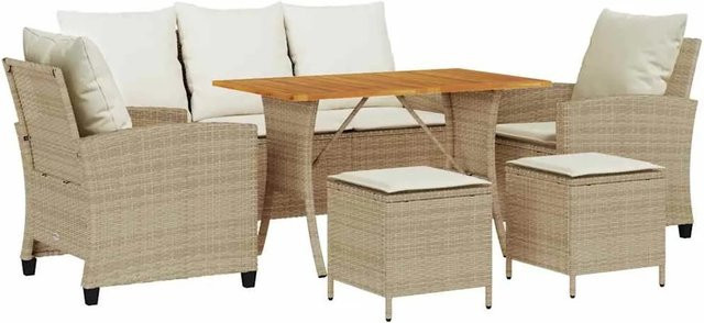 vidaXL 6-teilige Garten-Sofagarnitur aus Poly-Rattan und Akazienholz in Beige mit Kissen - Bild 1