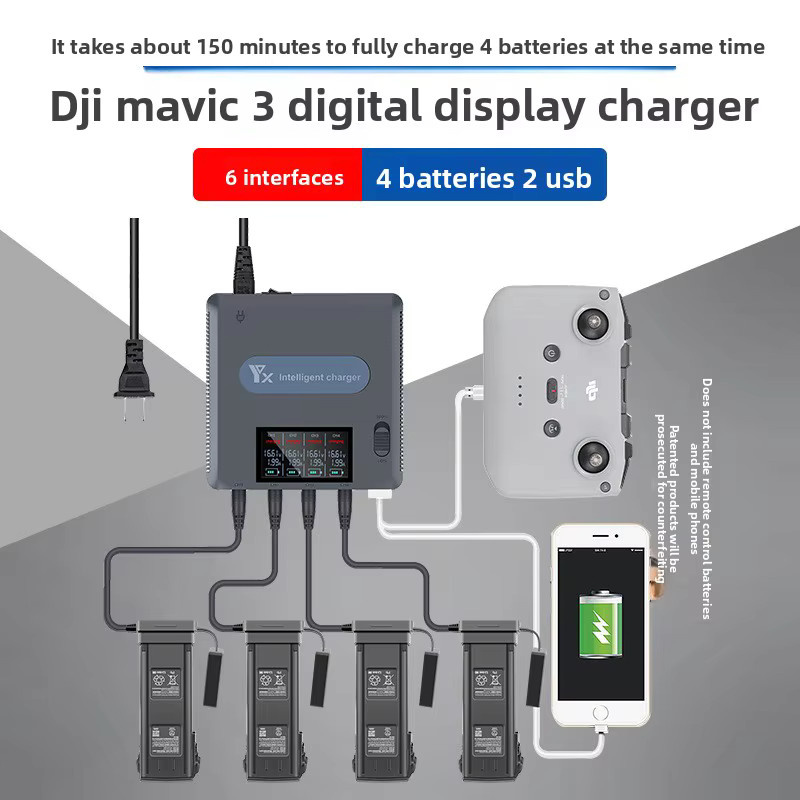 YX 6-in-1 Schnelllade-Hub für DJI Mavic 3, 3 Pro und Classic mit intelligenter Digitalanzeige in Grau - Bild 2
