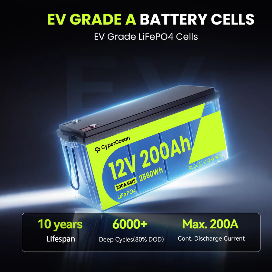 CyperOcean LiFePO4-Batterie 12V 200Ah mit integriertem 200A-BMS, wiederaufladbare Lithiumbatterie 2560Wh in Schwarz mit Niedertemperaturschutz für Wohnmobile, Boote und Camping - Bild 3