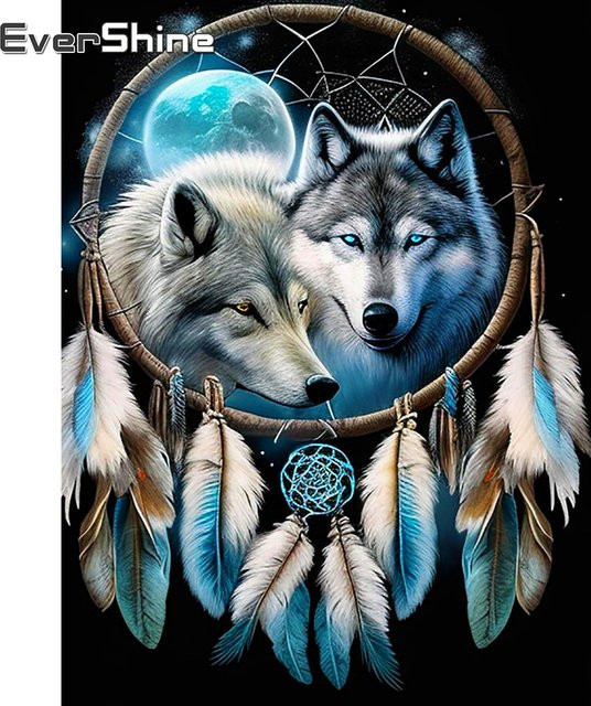 Evershine Kreuzstich-Set Wolf Traumfänger als 5D-DIY-Stickerei in Multicolour zur Wanddekoration B: 40 cm, H: 30 cm - Bild 1