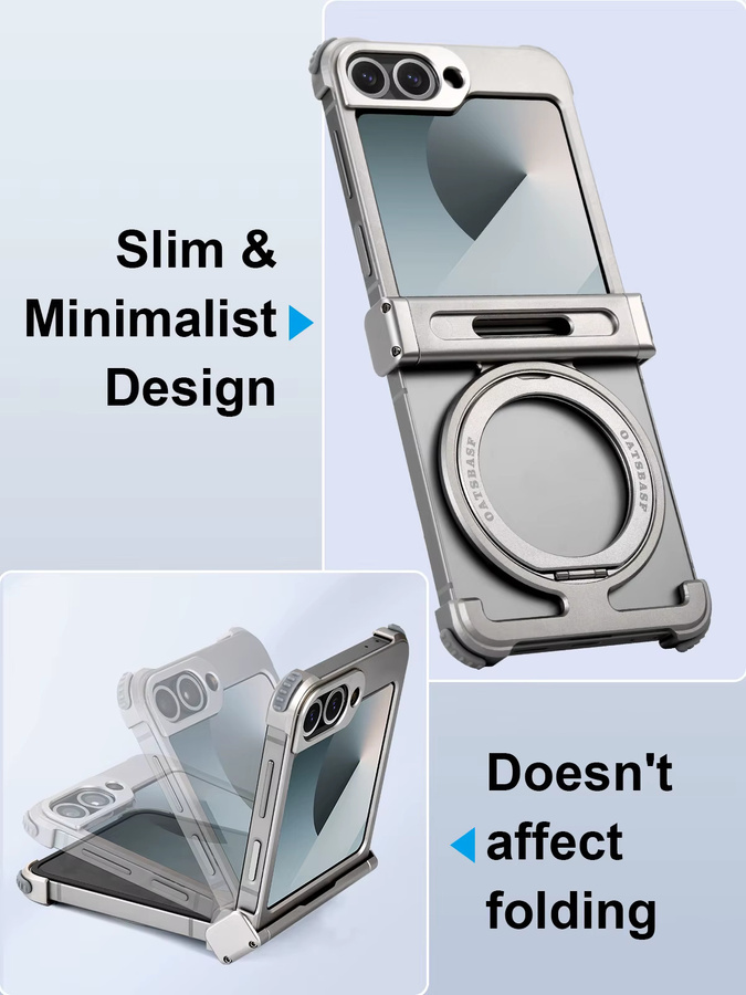 Oatsbasf Handyhülle für Samsung Galaxy Z Flip 6 in Titan Silver mit 360 Grad drehbarem Ständer, magnetisch und rahmenlos aus Metall - Bild 2