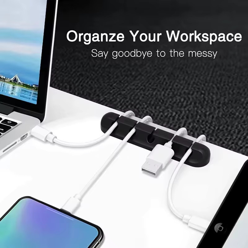 Selbstklebender Silikon-Kabelclip-Organizer für USB-A und USB-C, runde Kabelhalter für Schreibtisch und Büro, Farbe: Schwarz - Bild 1