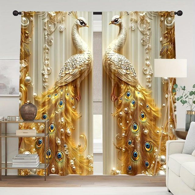 Yiran Furniture Pfau Vorhänge aus Polyester in Gold, 2er-Set, semi-transparent, B: 35 cm, H: 100 cm - Bild 1