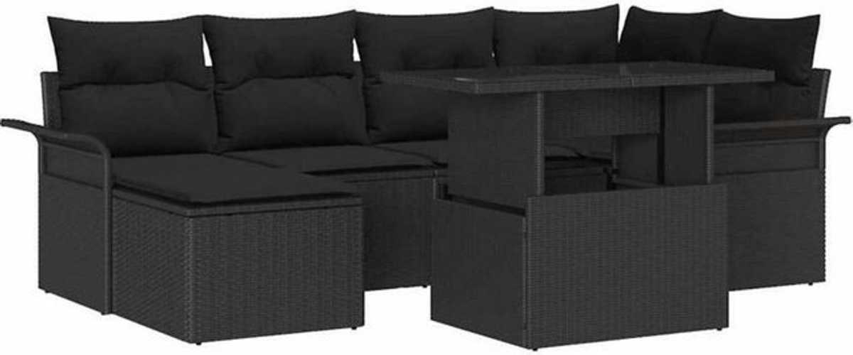 vidaXL Garten-Sofa-Set aus Polyrattan mit 7-teiligem Zubehör in Schwarz mit Glastisch und Kissen - Bild 1