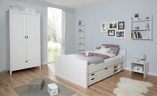 TiCAA Einzelbett Leni aus Kiefer massiv in Weiß mit Schubladen im skandinavischen Design, B/T/H: 120 x 200 x 78 cm - Bild 1