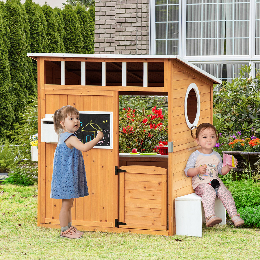Outsunny Holzspielhaus für Kinder aus Tannenholz mit Fenster, Briefkasten und Blumentopfrack, Natur, H x B x T: 135,5 x 122 x 108 cm - Bild 2