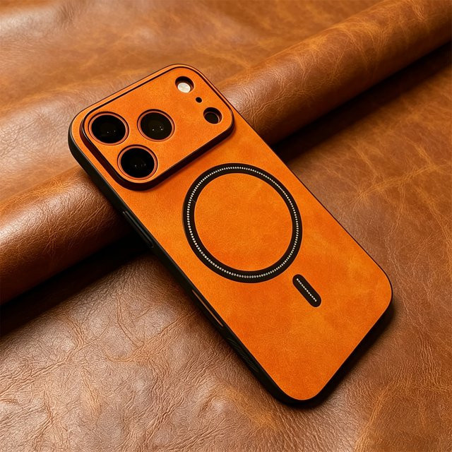 Lammleder-Schutzhülle mit MagSafe und Objektivschutz für iPhone 11 bis iPhone 17 Air in Orange und Braun - Bild 1
