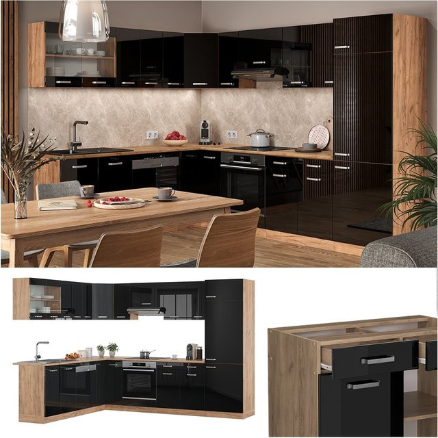 Vicco R-Line Eckküche in Schwarz und Goldkraft Eiche, moderne Einbauküche aus Spanplatte, B/T/H: 287 x 227 x 206,8 cm - Bild 1