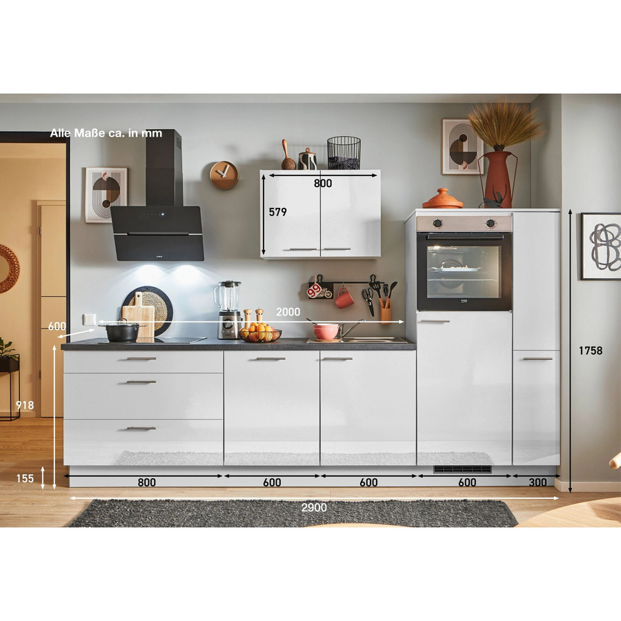 pino Küchenzeile Lichtgrau Hochglanz mit 1 Geräteschrank und 1 Apothekerschrank B: 290 cm, H: 174 cm, T: 60 cm - Bild 2