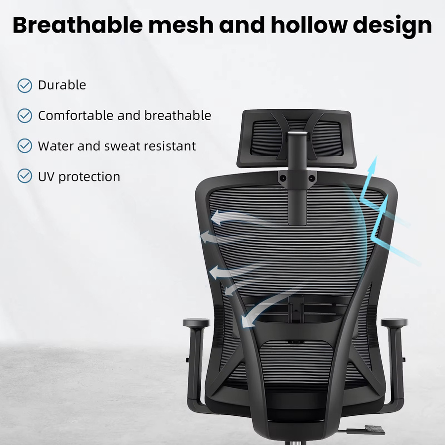 Durrafy Ergonomischer Bürostuhl in Schwarz mit Lordosenstütze und Kopfstütze, moderner Drehstuhl aus Stoff - Bild 2