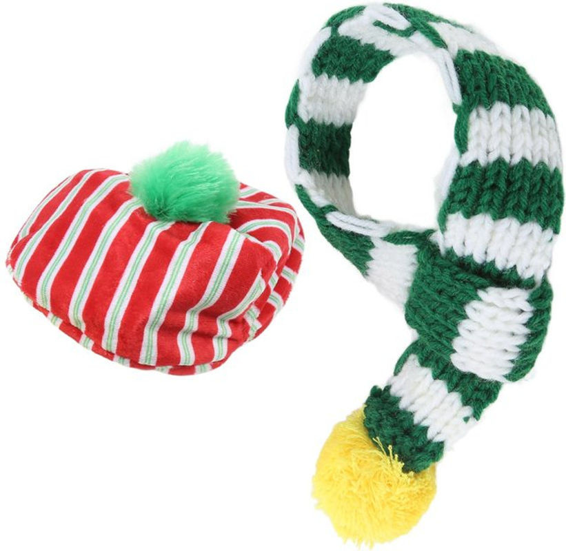 Neoglint Weihnachts-Set für Hunde und Katzen bestehend aus gestreiftem Strickhut und passendem Schal in Mehrfarbig, Größe M für 4-6,5 kg - Bild 1