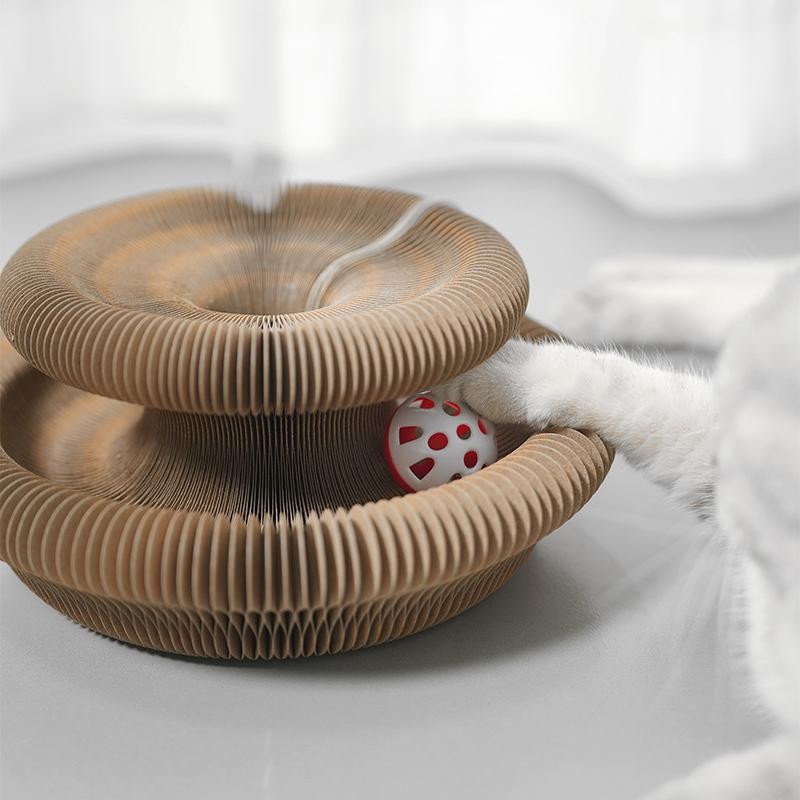 Magic Organ Katzenspielzeug Yiran Furniture rundes gewelltes Katzenkratzbrett aus Kiefernholz und Wellpappe in Braun - Bild 2