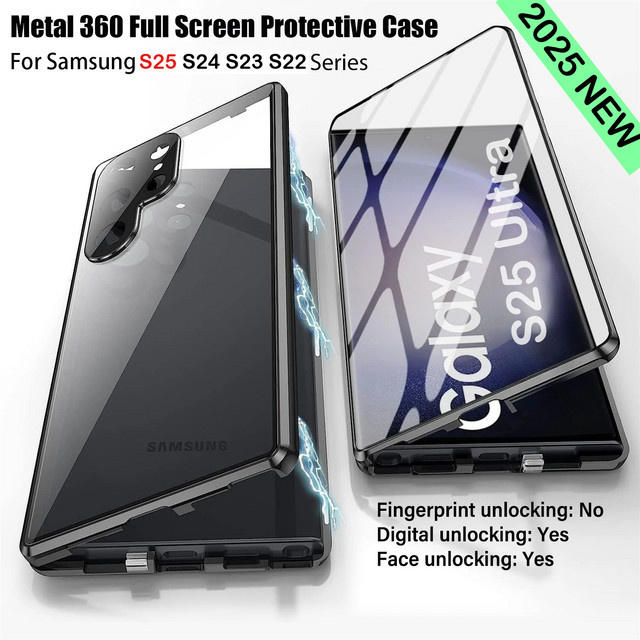 Samsung Galaxy Schutzhülle mit 360 Grad Vollschutz, Metall-Legierung und magnetischer HD-Glasabdeckung, Blau, kompatibel mit Galaxy S26 Plus, S25 Edge, S24, S23 FE und S22 Ultra - Bild 1