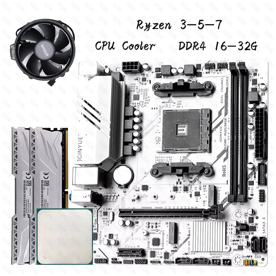 JGINYUE B350M Micro-ATX Motherboard-Set in Weiß mit AM4 Sockel, DDR4 Dual Channel Unterstützung, M.2 NVME Slot und ARGB CPU-Kühler für AMD Ryzen 3/5/7 Prozessoren - Bild 3
