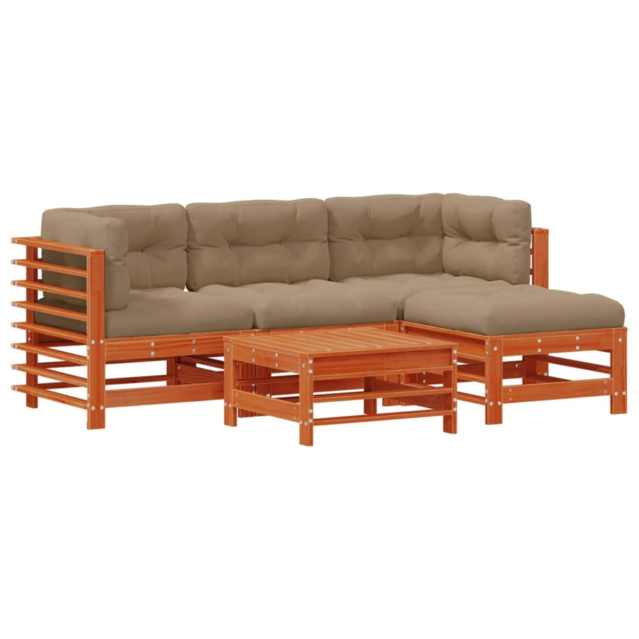 vidaXL Garten-Lounge-Set 5-tlg aus massivem Kiefernholz in Braun mit Polstern und Ottoman in L-Form - Bild 2