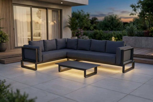 OUTFLEXX Luminara LED-Gartenlounge für 5-6 Personen in Anthrazit und Grau mit wetterfestem Aluminiumgestell und Polsterauflagen - Bild 1