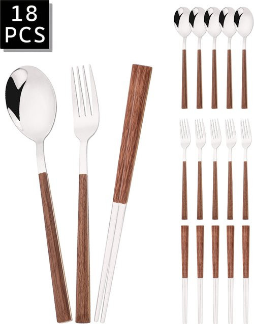 18-teiliges Besteckset aus Edelstahl in Braun und Silber mit Holzgriff-Optik im koreanischen Luxus-Design für Erwachsene - Bild 1