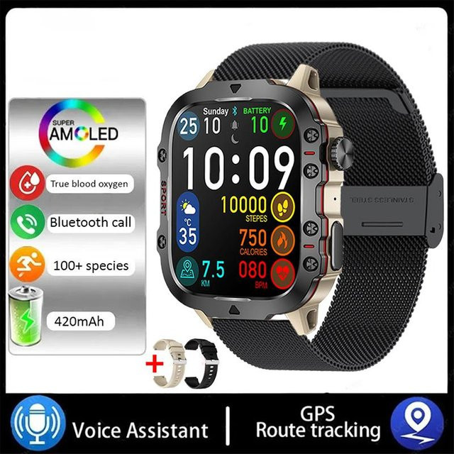 Zodvboz Militärische GPS-Smartwatch für Männer mit Bluetooth-Anruf, Gesundheitsüberwachung und AI-Sprachsteuerung, Schwarz, 1,96 Zoll Display, Wasserdicht - Bild 1