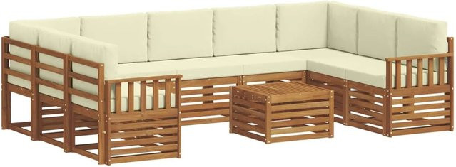 vidaXL Sofagarnitur 10-teilig aus Massivholz Akazie in Natur und Beige mit L-Form und Polsterkissen - Bild 1