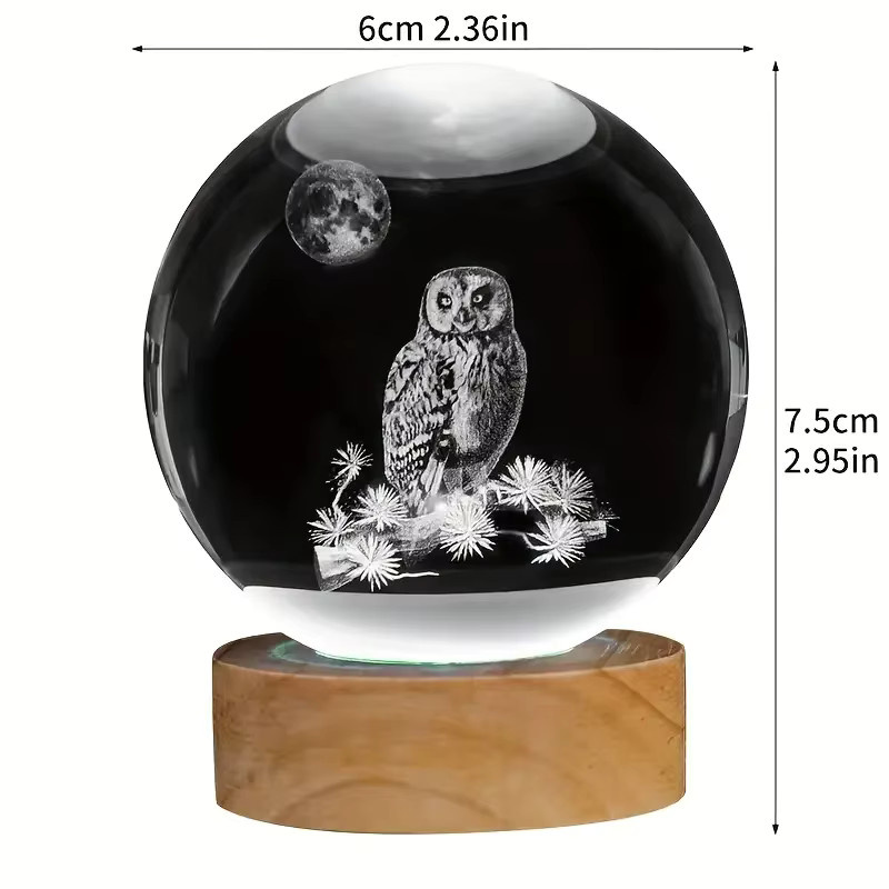 3D-Eulen-Nachtlicht mit Kristallkugel und Farblasergravur aus Glas und Holz für die Tischdekoration - Bild 2
