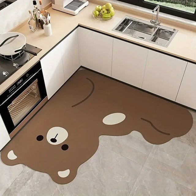 VIKAMA Küchenteppich mit Cartoon-Panda-Motiv, L-förmige Bodenmatte in Braun, rutschfest und saugfähig - Bild 1