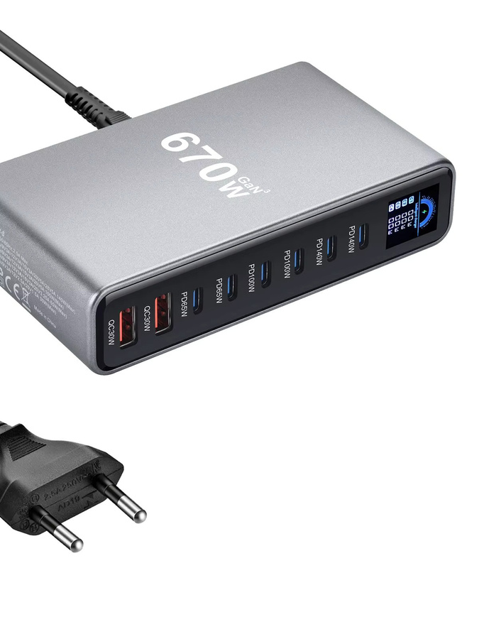 Deepartner 8-Port 670W Desktop GaN Ladestation Multi-Port-Schnellladegerät mit 6C2A für Handys und Tablets - Bild 3