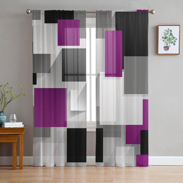 Transparente Tüll Voile Vorhänge mit geometrischem Design in Lila, Grau und Schwarz von Household supplies MH, Breite: 135 cm, Höhe: 245 cm - Bild 1