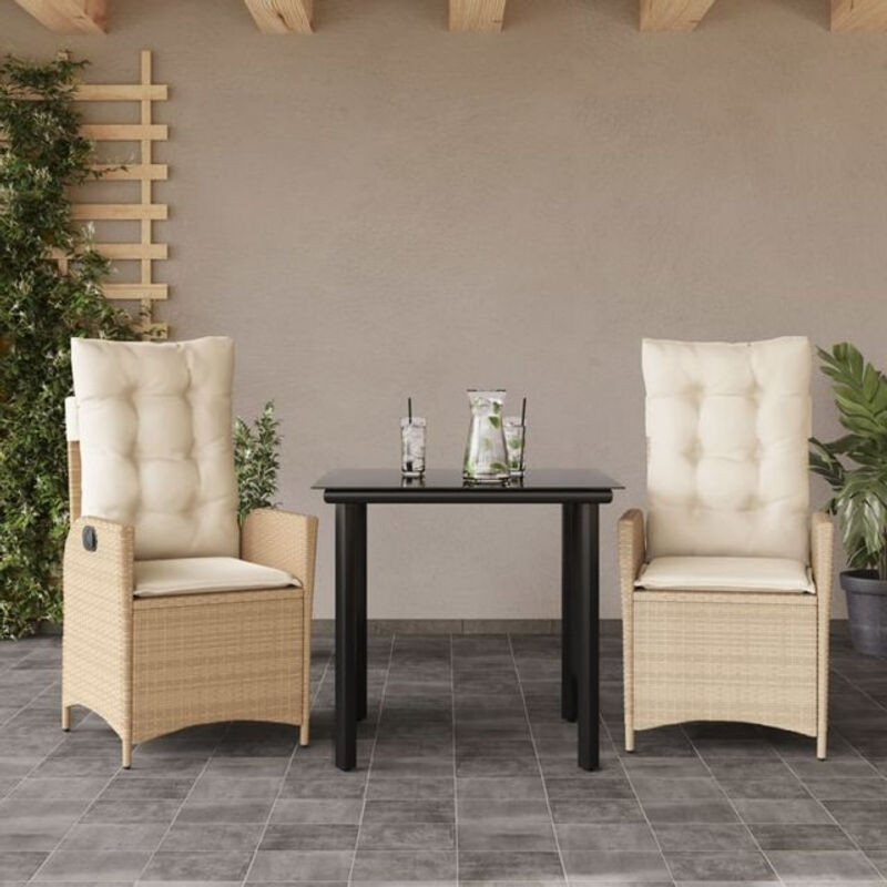 3-teilige Garten-Essgruppe aus Poly-Rattan mit Glasplatte und Kissen in Beige von vidaxl - Bild 1