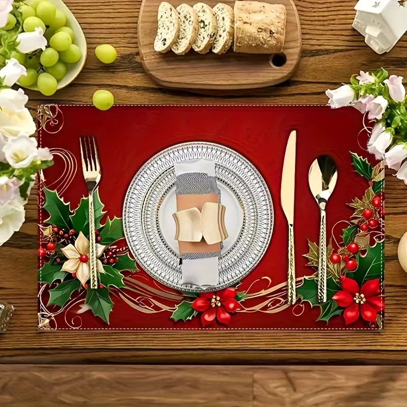 VIKAMA 4er Set Weihnachtliche Tischsets in Rot mit Holly Berry Muster, wasserdicht und hitzebeständig, Rechteckig, B/T: 45 x 30 cm - Bild 2