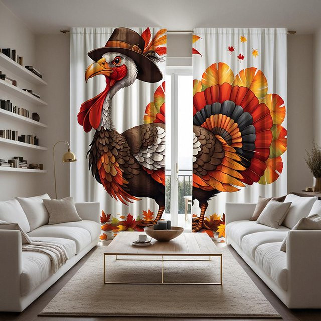 2er-Set dekorative Vorhänge mit Hahn-Motiv und Zylinder in Schwarz und Multicolour, Breite: 132 cm, Höhe: 160 cm - Bild 1