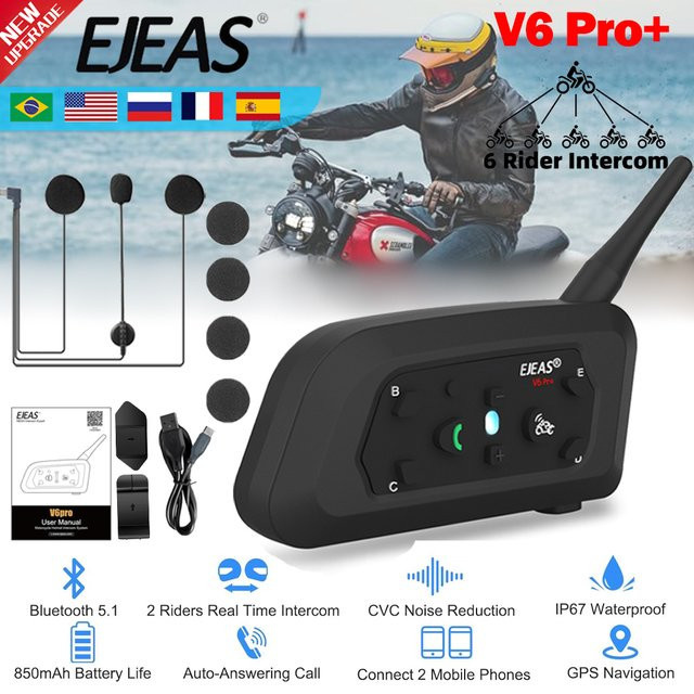 EJEAS V6 PRO+ Bluetooth-Headset für Motorradhelme, wasserdichte Gegensprechanlage mit 800 m Reichweite, Vollduplex-Kommunikator für 6 Fahrer, Schwarz - Bild 1