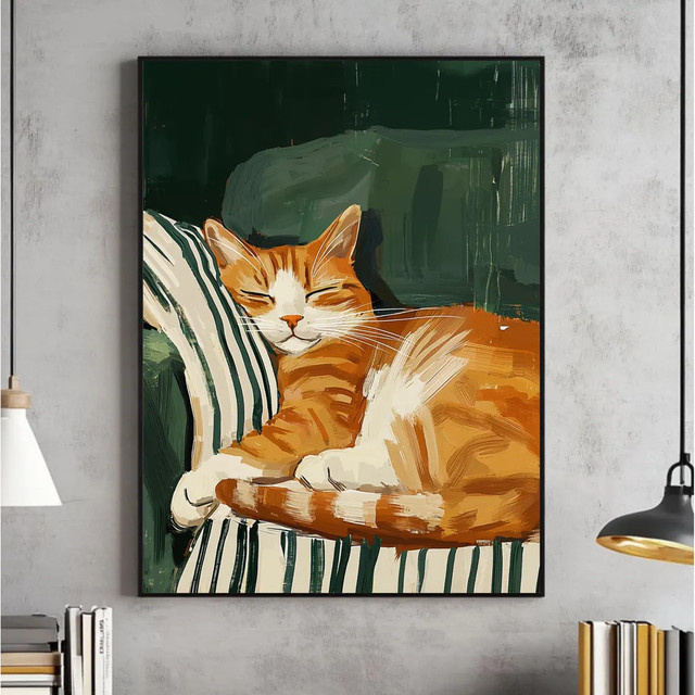 Minimalistischer Wanddruck SHENCHEN Schlafende Katze in Dunkelgrün und Multicolour als zeitgenössische Kunst für dein Wohnzimmer - Bild 1