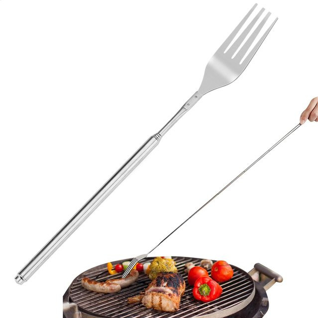 Edelstahl-Teleskopgabel mit langem Griff in Silber für Camping und Grillen - Bild 1