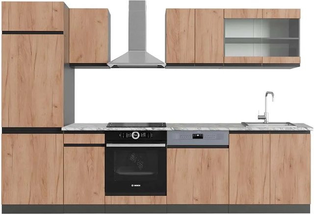 Vicco R-Line Küchenzeile Goldkraft Eiche Anthrazit mit Marmor-Optik B/T/H: 300 x 60 x 207 cm - Bild 1