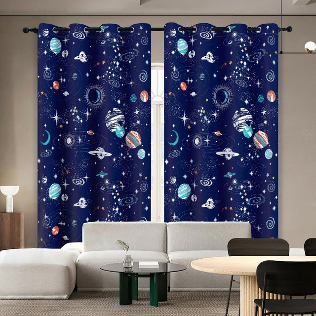 Yiran Furniture Verdunkelungsvorhänge für Kinderzimmer mit Astronauten-Weltraum-Motiv, Blau, B: 60 cm, H: 60 cm, 2er-Set - Bild 1