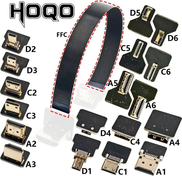 HOQO Ribbon FPV Flexibles Flachkabel Micro HDMI auf HDMI/Mini HDMI Buchse 90 Grad FFC 20-polig in Schwarz - Bild 1