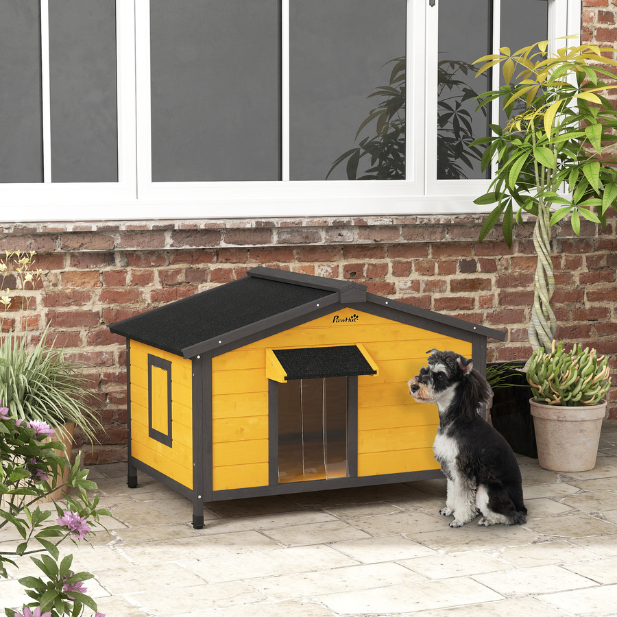 Aosom Hundehaus für draußen aus Naturholz in Braun mit klappbarem Asphaltdach, 2 Fenstern, Türvorhang und herausnehmbarer Basis, B/T/H: 97 x 72 x 65 cm - Bild 2