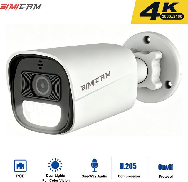 SIMICAM PoE IP Überwachungskamera für den Außenbereich in Weiß mit 4K 5MP 4MP Auflösung, wasserdicht, Audio und Farb-Nachtsicht, Bullet-Kamera für NVR - Bild 1