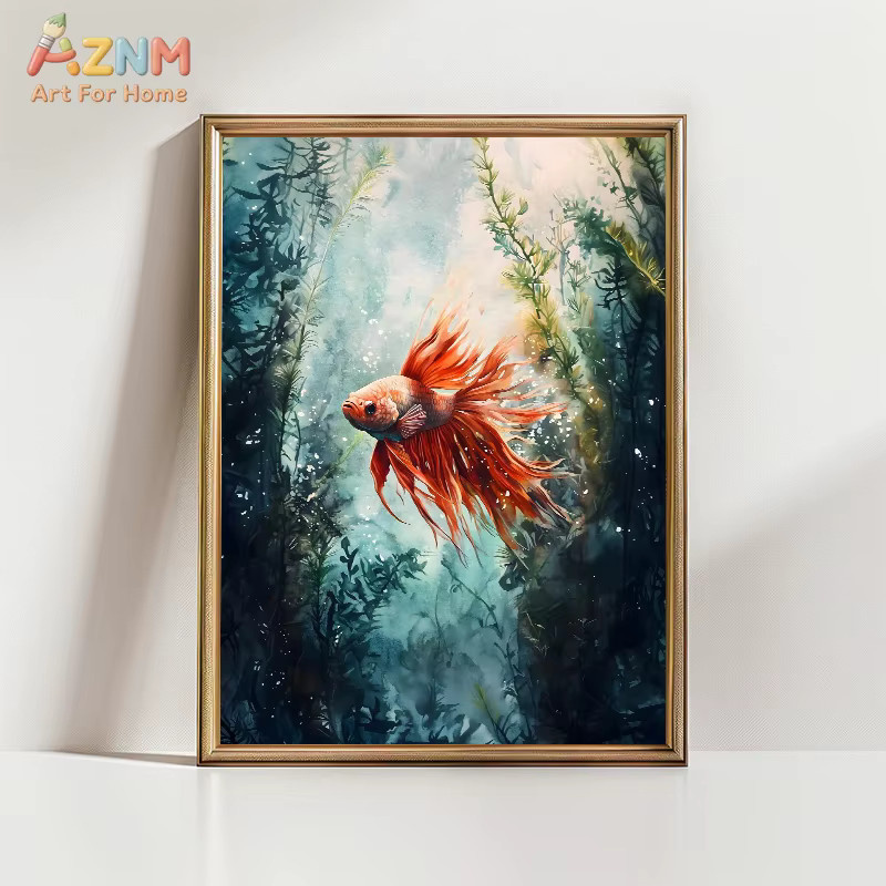AZNM Aquarell Betta-Fisch Leinwand-Wandkunst, Farbenfroher Siamesischer Kampffisch-Druck in Mehrfarbig, Unterwasser-Heimdekoration - Bild 2