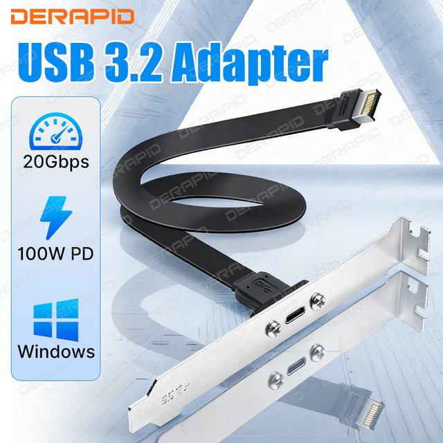 Fenvi USB 3.2 Frontplatten-Header Typ E auf USB-C Buchse 100 W PD-Verlängerungskabel mit Schraube für Panelmontage, Länge: 30 cm oder 50 cm - Bild 1
