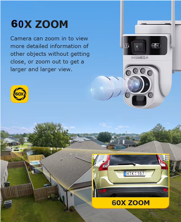 INQMEGA Solarkamera mit 12MP Auflösung, 60X optischem Zoom, Dual Screen, PTZ, PIR Erkennung und Auto Tracking, 4G/WiFi Überwachungskamera in Weiß - Bild 2