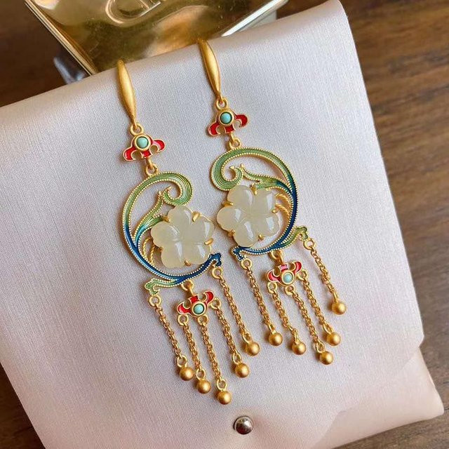 YIRAN Jewelry Lange Ohrringe, Weißjade, Emaille, Vergoldet, Damen - Bild 1