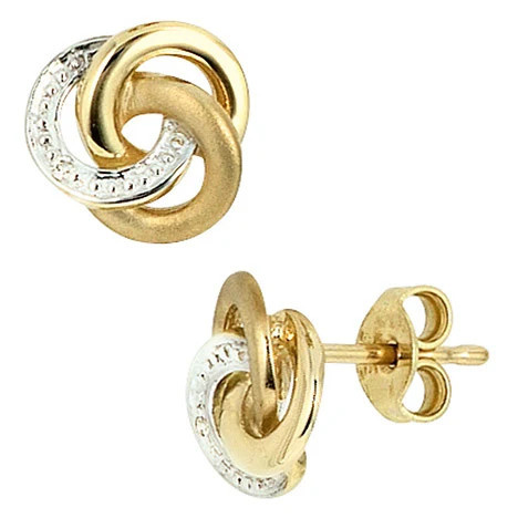 Colfem Ohrstecker Knoten verschlungen, 585 Gelbgold, bicolor, 2 Diamanten - Bild 1